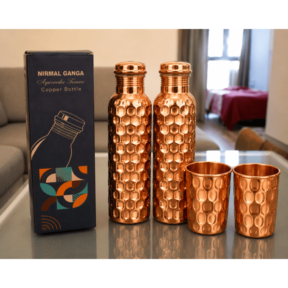 Nirmal Ganga Diamond Design Copper Bottle 1L(pack of 2) & Glass 250 ML(pack of 2)|| set of 4
