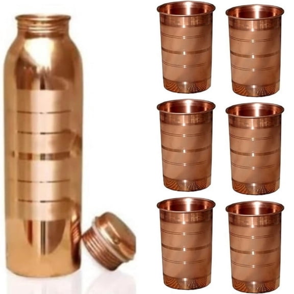 Nirmal Ganga Jointless Luxury pure Coper Bottle 1L(pack of 1) & Glass 250 ML(pack of 6)|| set of 7
