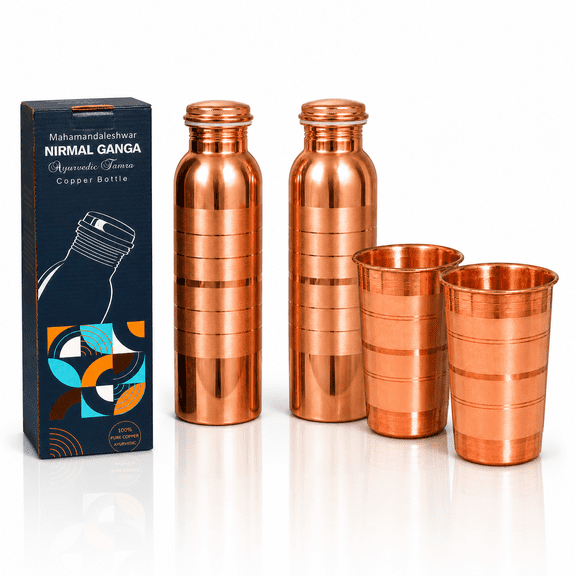 Nirmal Ganga Jointless Luxury pure Coper Bottle 1L(pack of 2) & Glass 250 ML(pack of 2)|| set of 4