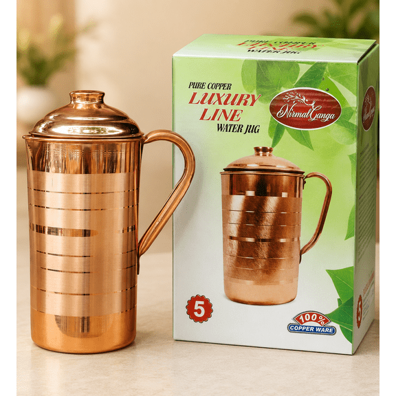 Nirmal Ganga Pure Copper Water Jug with Brass Knob Lid  1500 ML, Luxury Design Pitcher, Premium Export Quality (Pack of 1)