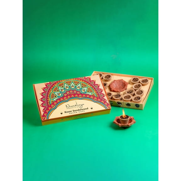 Nirmalaya Premium Organic Kesar Sandalwood Havan Cups (15 Pieces) with Beautiful Diya Holder – Eco-Friendly Havan Cups for Pooja