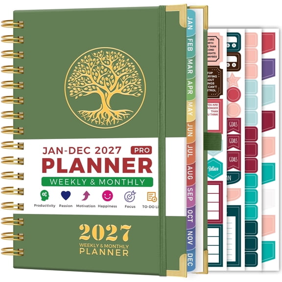 Nirmiro 2027 Weekly & Monthly Planner, Jan 2027 – Dec 2027, Hardcover Agenda Book with Tree Design, Ruler, Monthly Tabs, 4 Stickers & Inner Pocket, 6.5"x8.4" for Office, School & Home