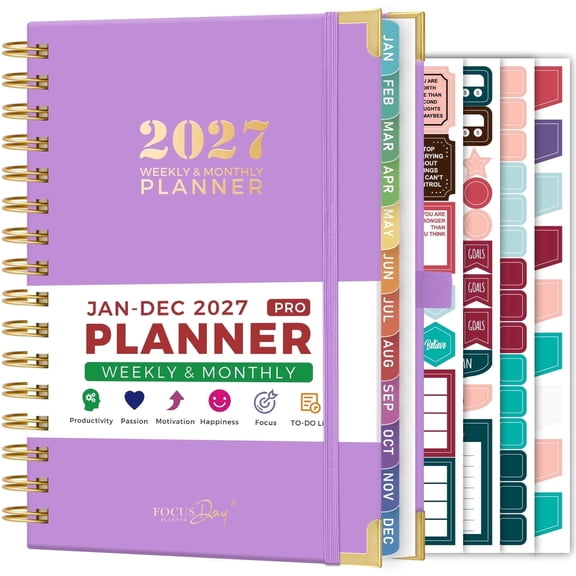 Nirmiro 2027 Weekly & Monthly Planner, Jan 2027 – Dec 2027, A5 Hardcover Spiral Agenda Book with 12 Monthly Tabs, Ruler, Inner Pocket, 4 Stickers, 6.5"x8.4", for Time Management & Goal Tracking