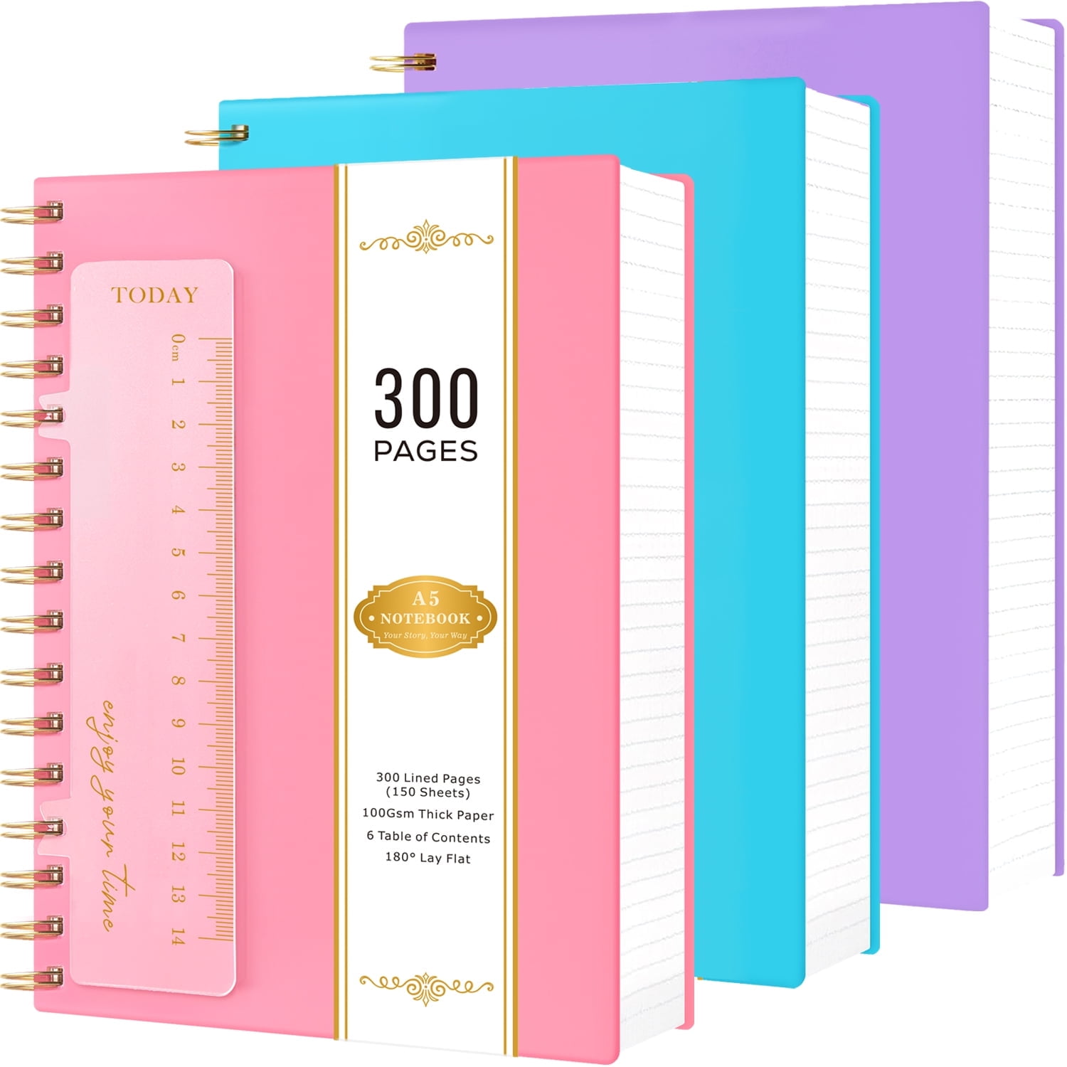 Nirmiro 3-Pack A5 Spiral Notebooks with Bookmark, 5.7"x8.4" 300 Lined Pages Each, 100GSM Thick Paper, Waterproof PVC Cover, College Ruled, Pastel Colors for Work & Office