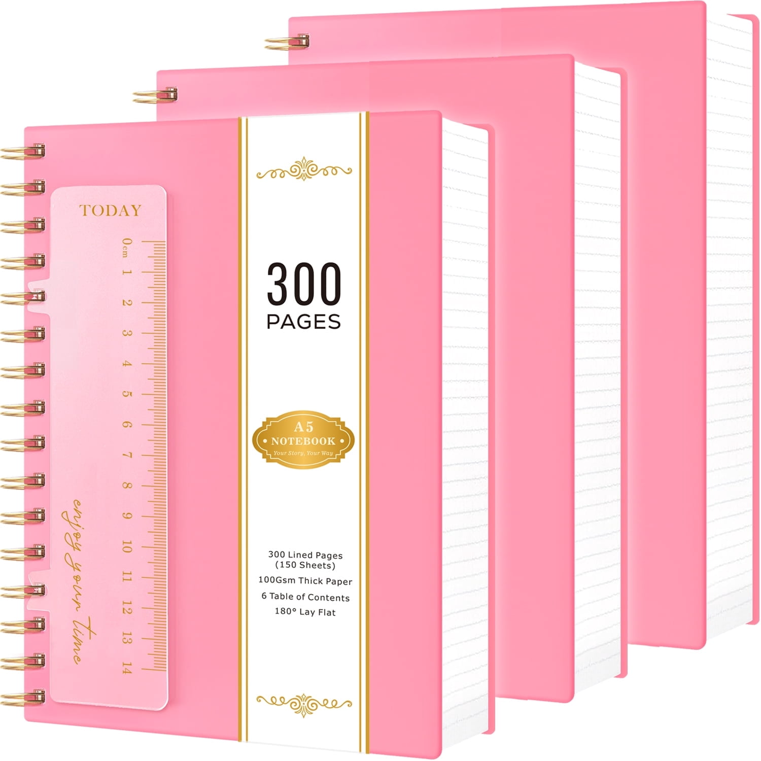 Nirmiro 3-Pack A5 Spiral Notebooks with Bookmark, 5.7"x8.4" 300 Lined Pages Each, 100GSM Thick Paper, Waterproof PVC Cover, College Ruled, Pastel Colors for Work & Office