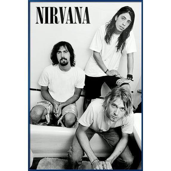 Nirvana - Framed Music Poster (The Guys B&W - Kurt Cobain & Dave Grohl & Krist Novoselic) (Size: 25" X 37") (Metallic Blue Plastic Frame)