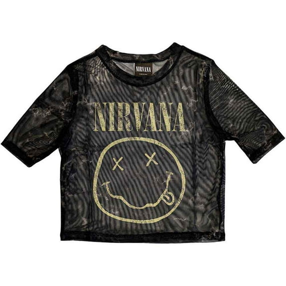 Nirvana Ladies Crop Top: Yellow Happy Face (Mesh) (XX-Small)
