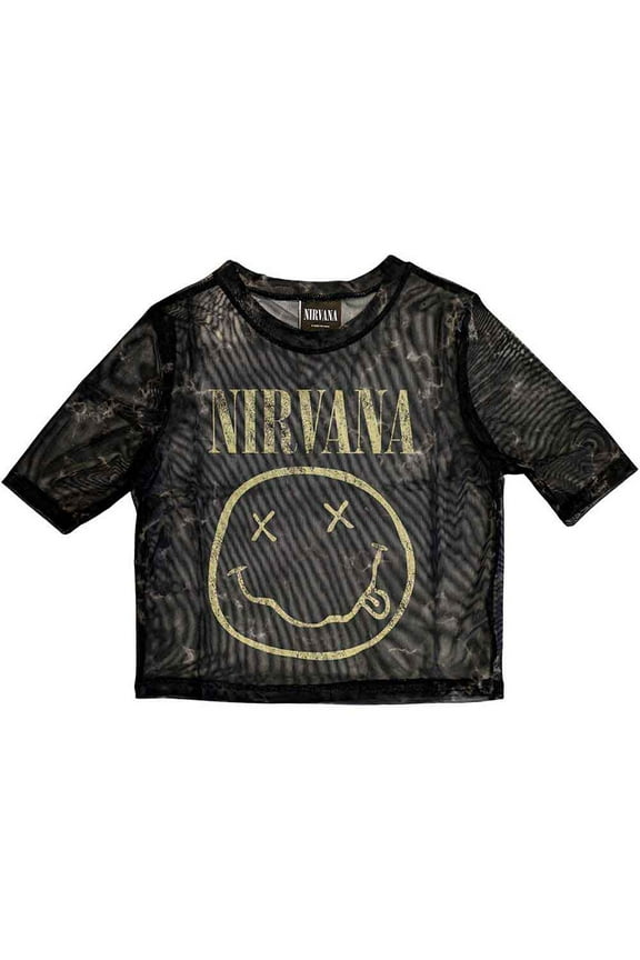 Nirvana Ladies Crop Top: Yellow Happy Face (Mesh) (XX-Small)