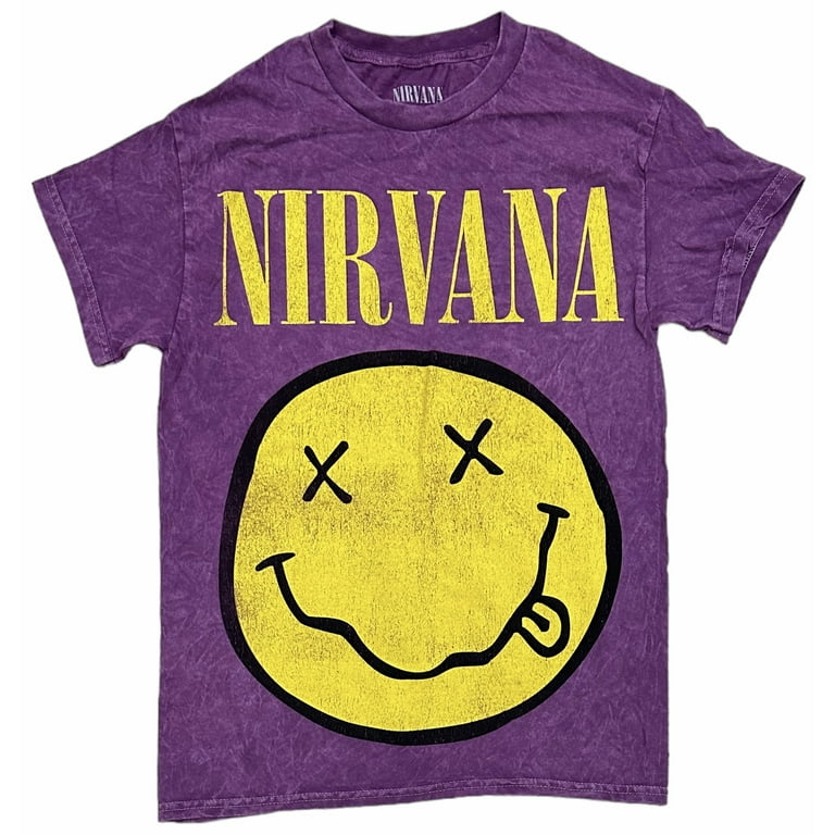 Nirvana Men s Smile Happy Dazed Face Distressed Vintage Tie Dye Wash Tee T Shirt Small Purple Acid Wash