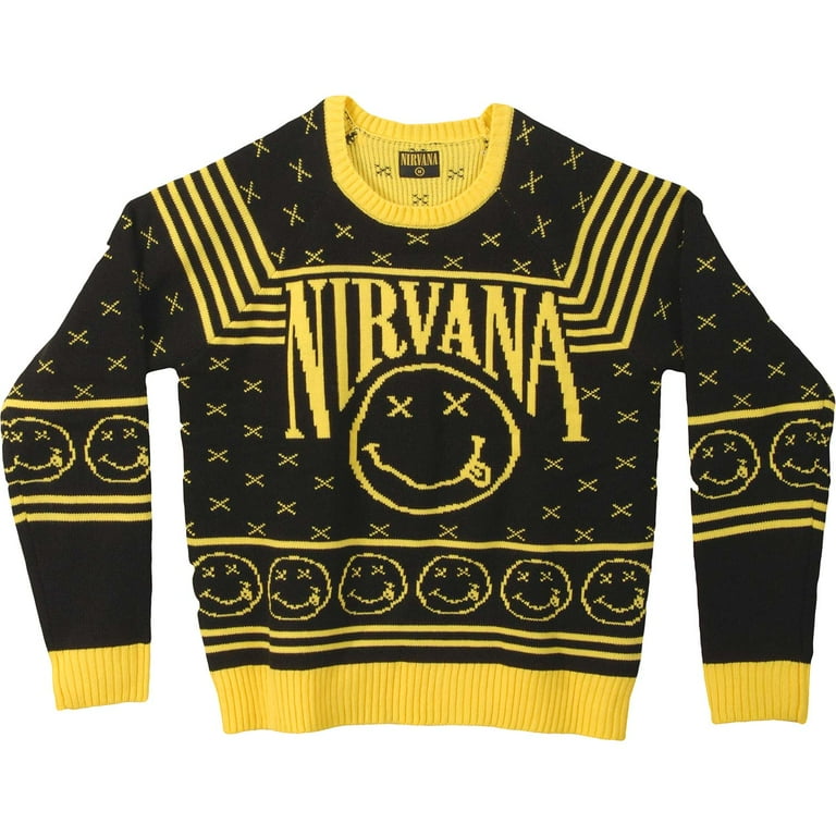 Nirvana Men s Smiley Pattern Sweater Sweatshirt Small Black Yellow Walmart