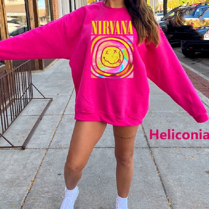 Nirvana Smile Face Overdyed Crew Neck Sweatshirt, Preppy Sweatshirt, 90