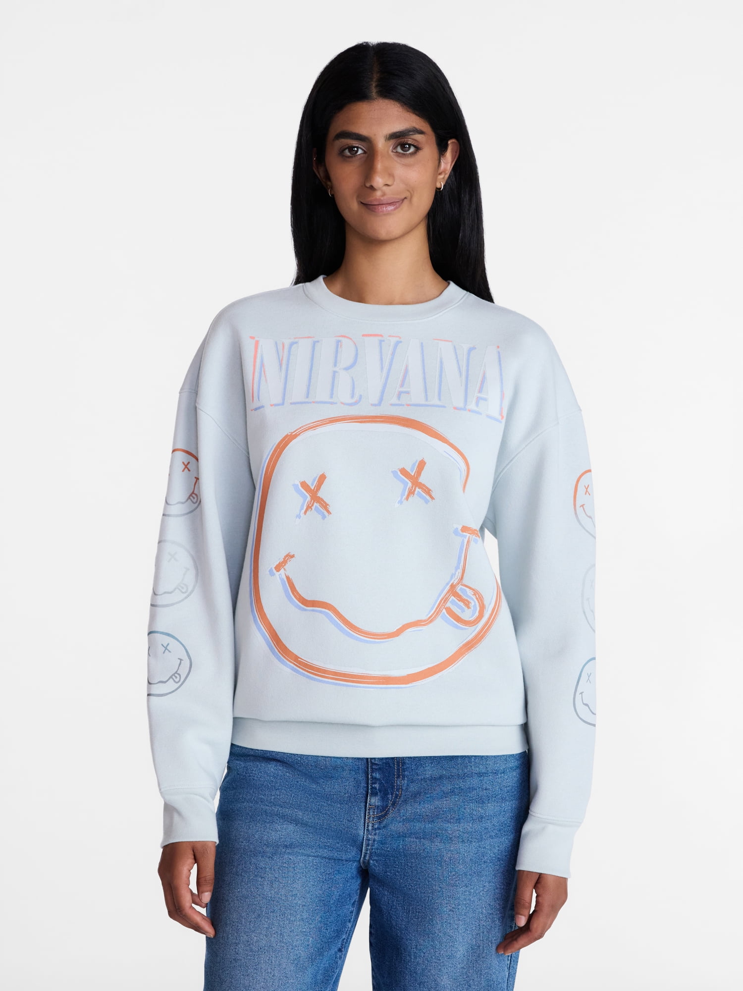 Nirvana Women's Smiley Crewneck Graphic Sweatshirt with Long Sleeves, Sizes XXS-XXL