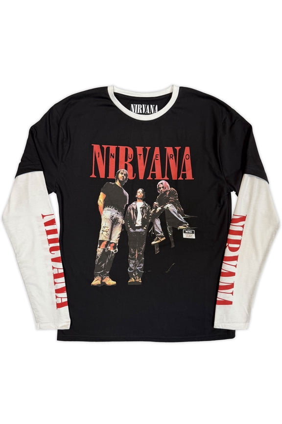 Nirvana Unisex Layered Long Sleeve T-Shirt In Utero Band Photo (Black & White) (Sleeve Print) (X-Large)