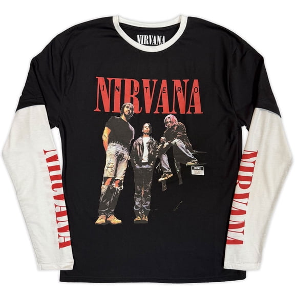 Nirvana Unisex Layered Long Sleeve T-Shirt In Utero Band Photo (Black & White) (Sleeve Print) (XX-Large)