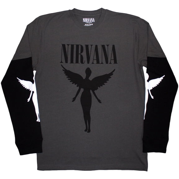 Nirvana Unisex Layered Long Sleeve T-Shirt In Utero Mono (Charcoal Grey & Black) (Sleeve Print) (X-Large)