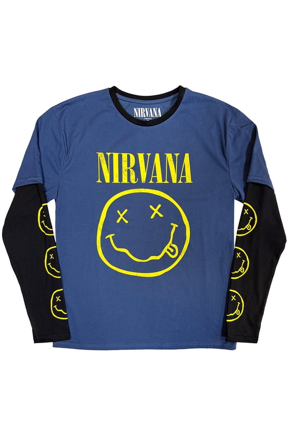Nirvana Unisex Layered Long Sleeve T-Shirt Yellow Happy Face (Denim Blue & Black) (Sleeve Print) (X-Large)