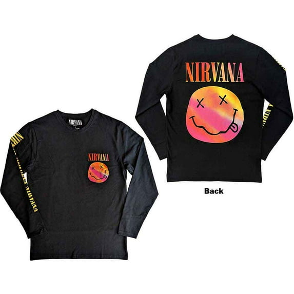 Nirvana Unisex Long Sleeve T-Shirt: Gradient Happy Face (Back & Sleeve Print) (X-Large)