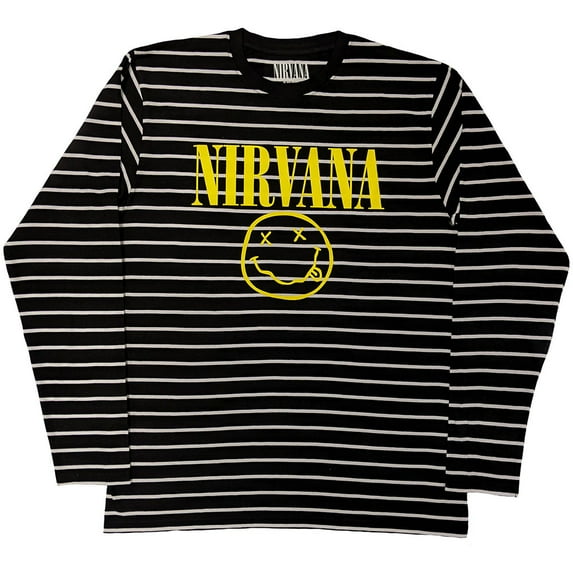 Nirvana Unisex Sweatshirt Yellow Happy Face Striped (Black & White) (Medium)