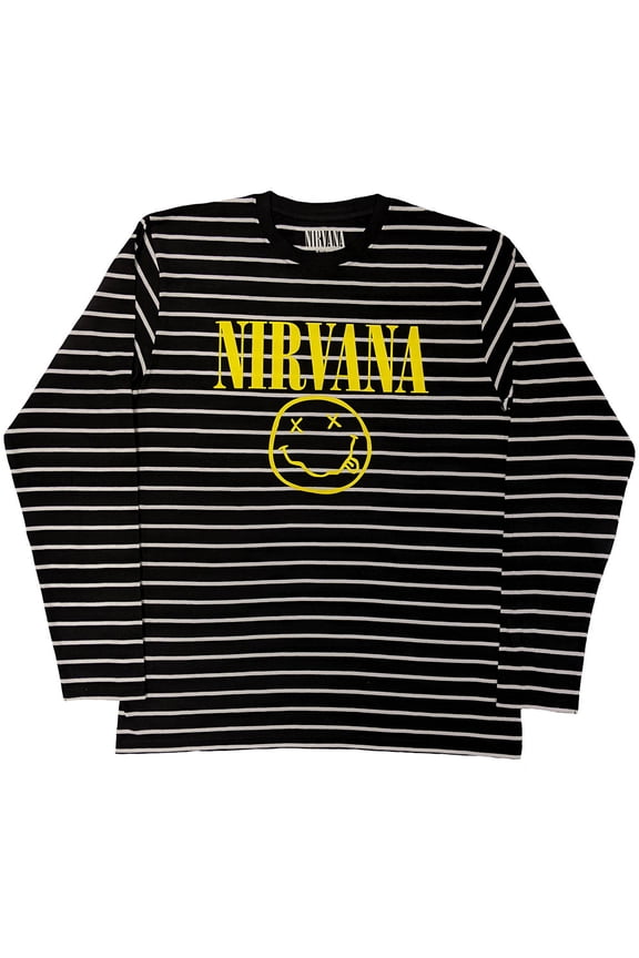 Nirvana Unisex Sweatshirt Yellow Happy Face Striped (Black & White) (Medium)