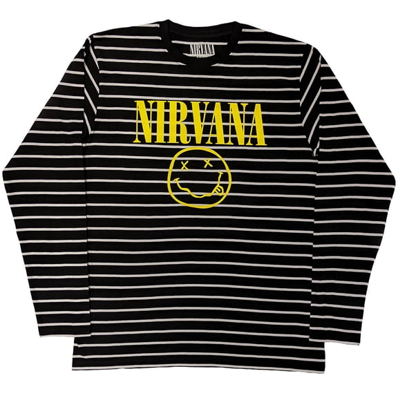 Nirvana Unisex Sweatshirt Yellow Happy Face Striped (Black & White) (X-Large)