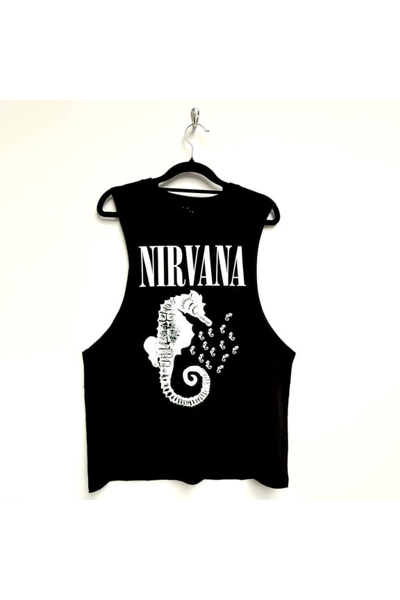 Nirvana Unisex Vest T-Shirt Seahorse & Logo Mono (Black)