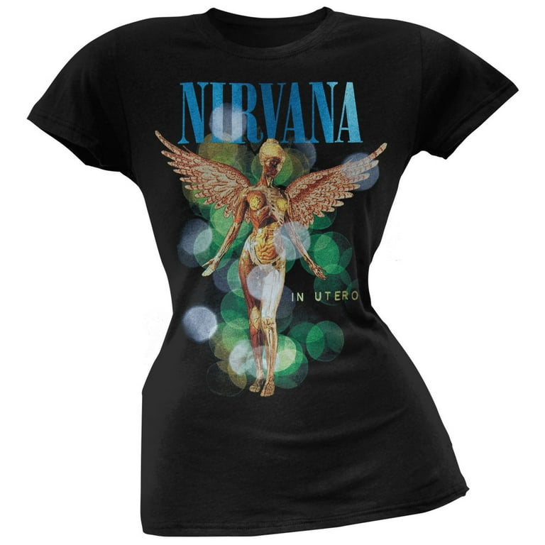 Nirvana Women's Junior Bubble In Utero Black T-Shirt, Short Sleeve