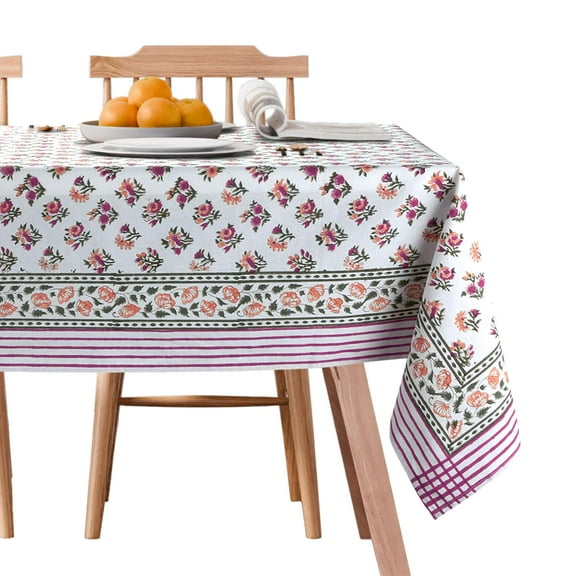 Nirvella Block Print Tablecloth 60x90  Rectangle Cotton Floral, 6 Seater