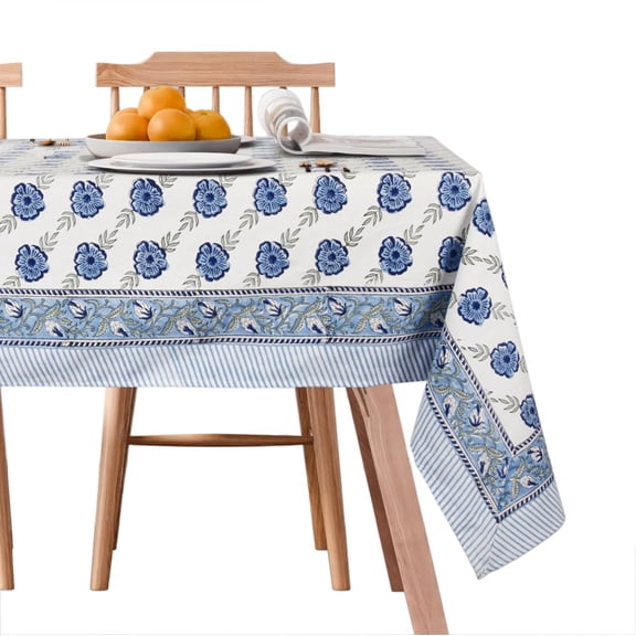 Nirvella Blue Block Print Tablecloth 60x108 Rectangle Cotton Floral, 8 Seater