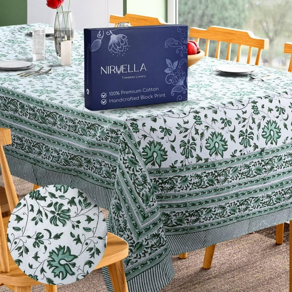 Nirvella Green Block Print Tablecloth 60x90 Rectangle Cotton Floral, 6 Seater