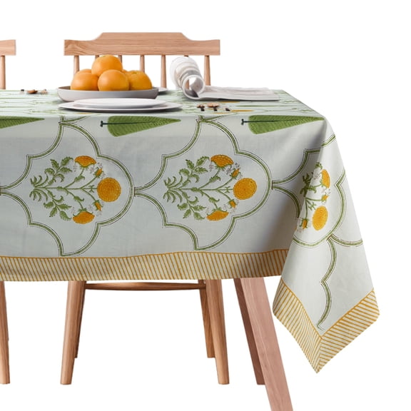 Nirvella Yellow Block Print Tablecloth 60x108  Rectangle Cotton Floral, 8 Seater