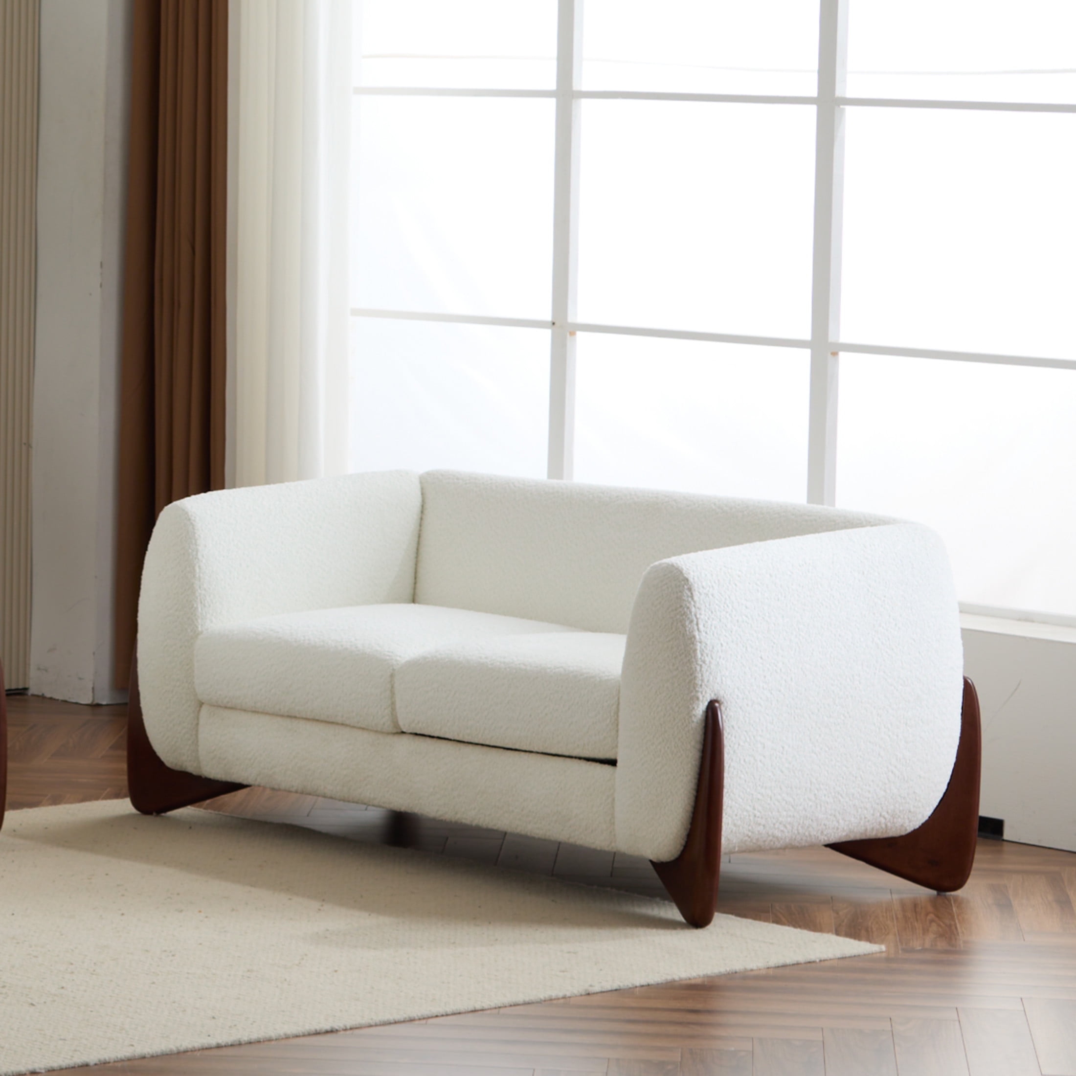 Nisant Modern Upholstered Boucle Loveseat, Birch Wood Frame, Beige + Brown