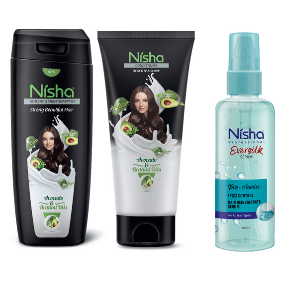 Nisha Bath Care Avocado Shampoo 180ml + Conditioner 180ml + Pro Vitamin Hair Serum 100ml, Perfect for Family, Man, Women