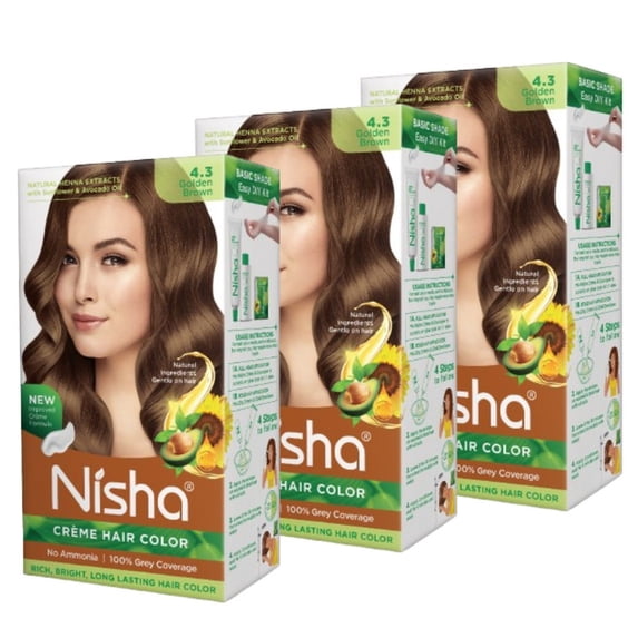 Nisha Creme Hair Color | Permanent Long Lasting Brown Hair Dye Color Kit | Golden Brown | 4.05 Oz (Pack Of 3)