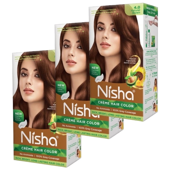 Nisha Creme Hair Color | Permanent Long Lasting Brown Hair Dye Color Kit | Natural Brown | 4.05 Oz (Pack Of 3)