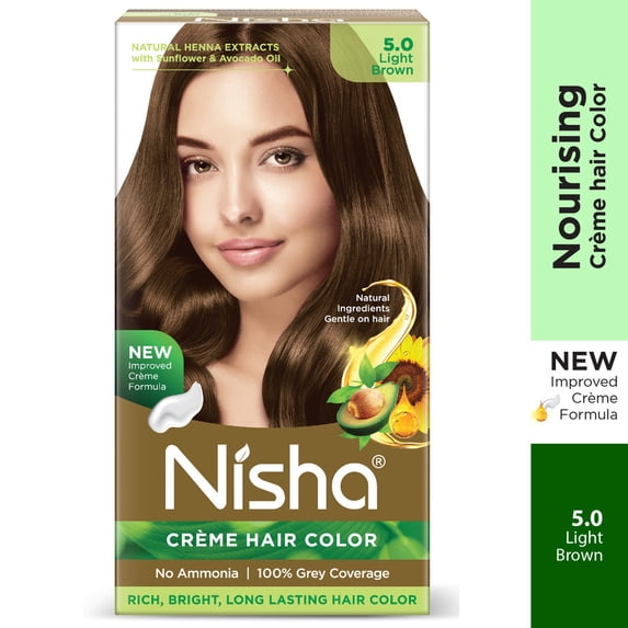 Nisha Creme Hair Color | Permanent Long Lasting Brown Hair Dye Color Kit | Light Brown | 4.05 Oz