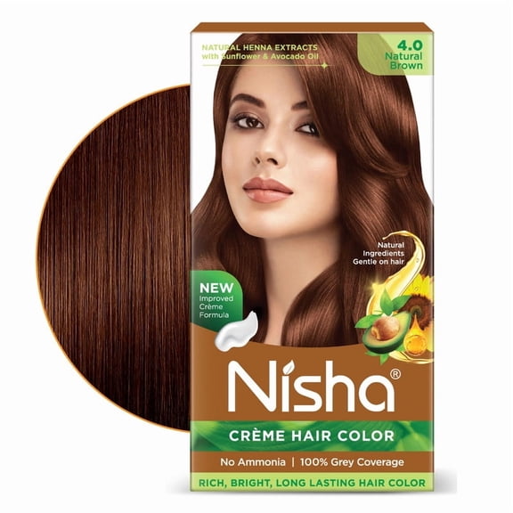 Nisha Creme Hair Color | Permanent Long Lasting Brown Hair Dye Color Kit | Natural Brown | 4.05 Oz