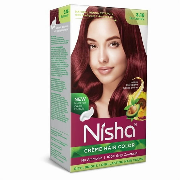 Nisha Creme Hair Color | Permanent Long Lasting Burgundy Hair Dye Color Kit | Burgundy | 4.05 Oz