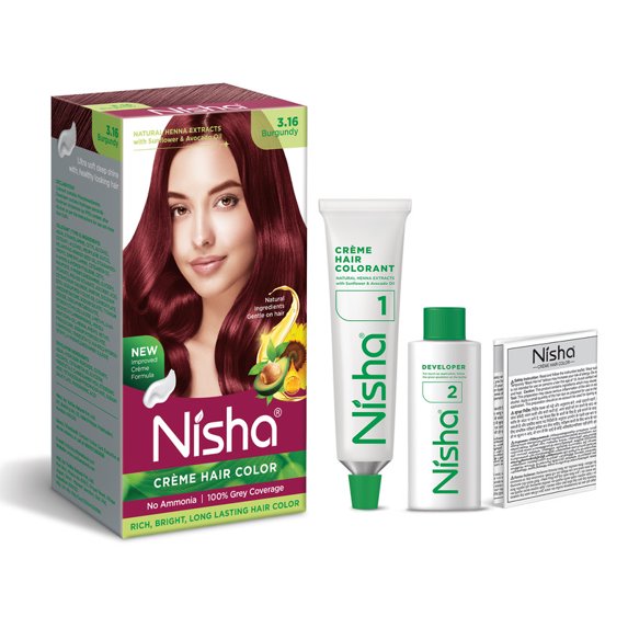Nisha Creme Hair Color | Permanent Long Lasting Burgundy Hair Dye Colour Kit | Burgundy | 60gm / 2.02 Oz
