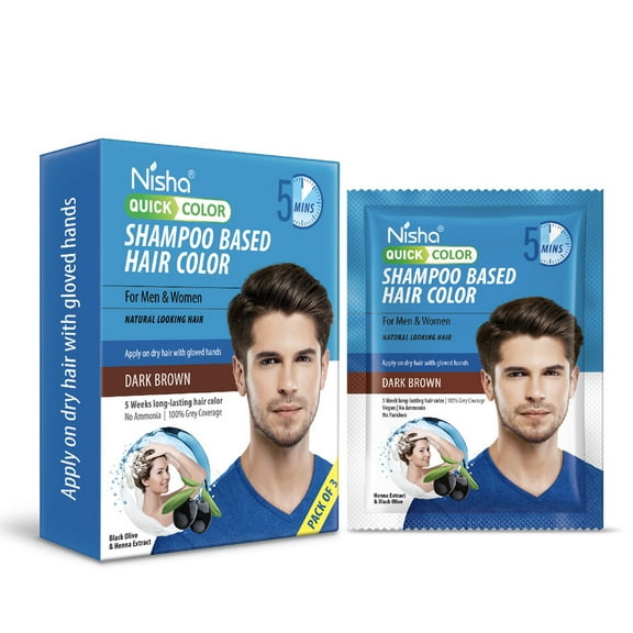 Nisha Shampoo Hair Color | Men & Women | 100% Grey Coverage in 5 Minutes | Dark Brown | 20mL X 3 Sachets, Box