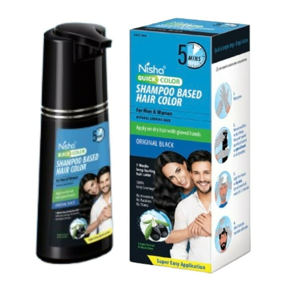 Nisha Shampoo Hair Color | Men & Women | 100% Grey Coverage in 5 Minutes | Original Black | 180mL / 6.09 Oz Bottle
