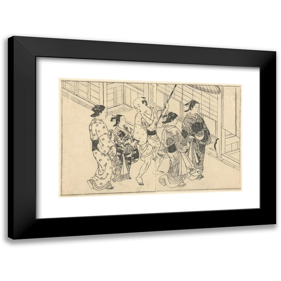Nishikawa Sukenobu 24x17 Black Modern Framed Museum Art Print Titled - Woman Walking with Attendants (1740)