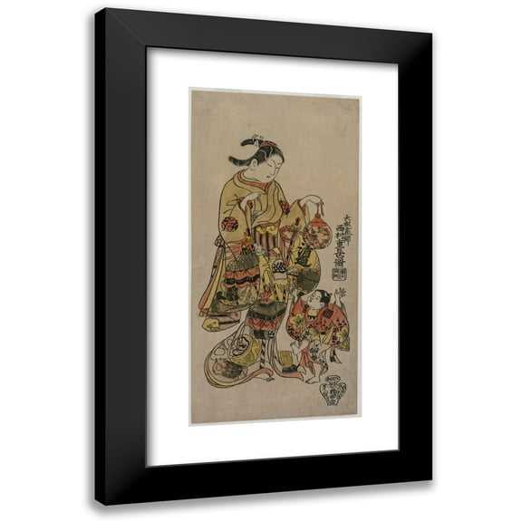 Nishimura Shigenaga 9x14 Black Modern Framed Museum Art Print Titled - Child Reaching for a Fishbowl (C. Mid 1720s)