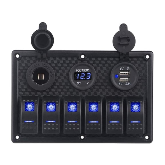 Nishiyuenyi 6 Gang Rocker Switch Panel with Blue/Red Light Digital Voltmeter Display And Dual for RV Boat Car Vehicles , 182x119x70mm Blue Light