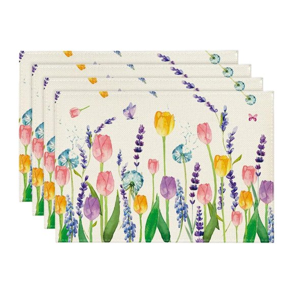 Nishiyuenyi Spring Table Runner Floral Pattern Decorative Party Favor Seasonal Spring Burlap 4Pcs A
