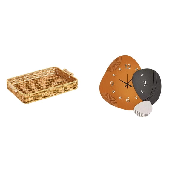 Nishiyuenyi Wall Clock Woven Kitchen Storage Baskets with Handles Handmade Round Bread Baskets Rectangle Trays Wooden Material Suitable for Kitchen Dining Room Bathroom Living Room Office