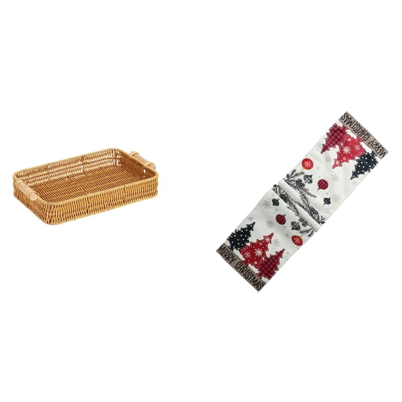 Nishiyuenyi Woven Kitchen Storage Basket Table Runner Serving Tray Handmade Rectangle Round Basket Decorative Food Tray with Handles Suitable for Christmas Winter
