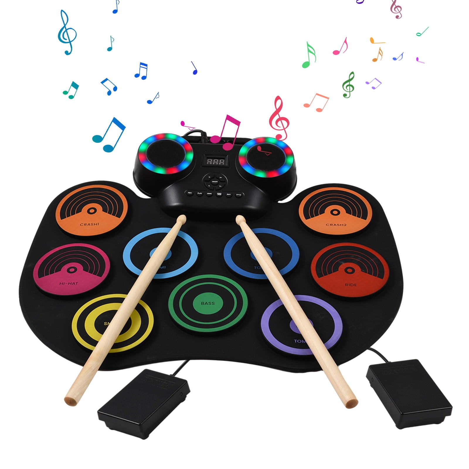 Nishore Electronic drum,Display Screen With Screen With 2 Set Portable Drum Pad Kit 9 Pedals Usb Or Stick 2 Pedals Or Battery Powered Kit 9 Pads Wotao Pads Built-in Led Drum Pad Kit Drum Stick 2
