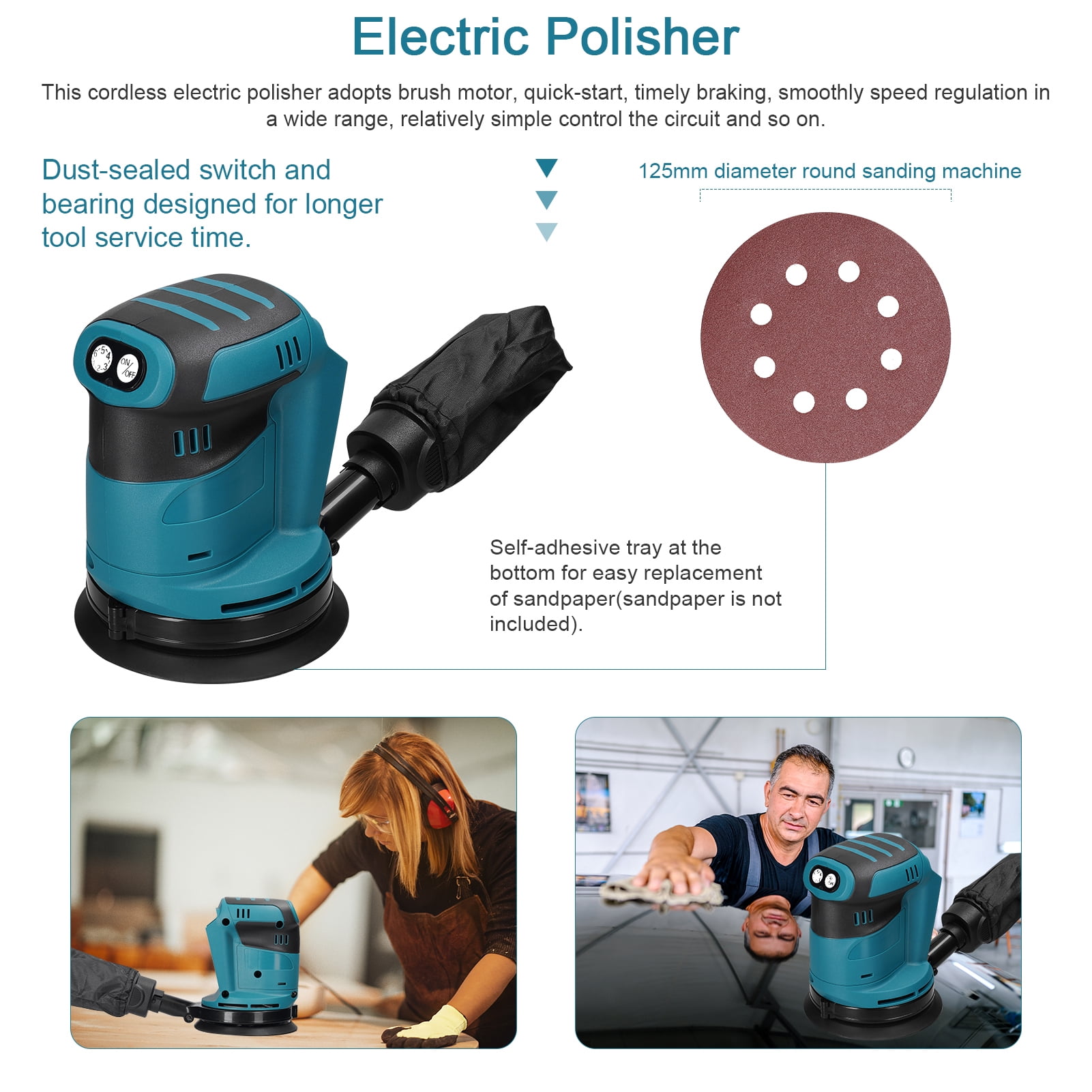 Nishore Polishers,Wood Tool Car 6 Speed Orbital Sander Adjustable 125mm Motor Orbital Wood Metal 6 Polisher Wood Metal Polishers Eryue 125mm Rusuo Mewmewcat