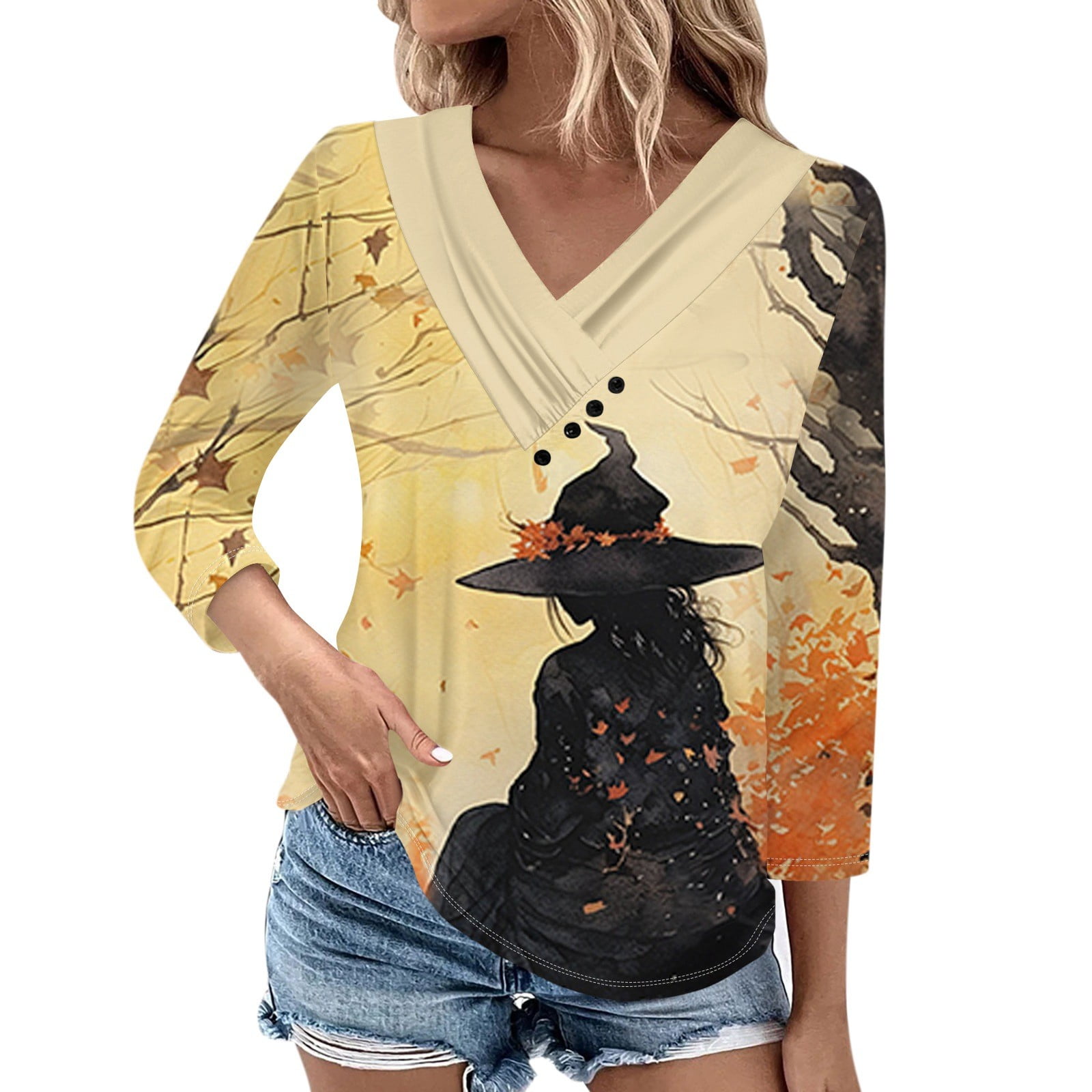 Nisorays Halloween Shirt V Neck Ladies Tops and Blouses 3/4 Sleeve