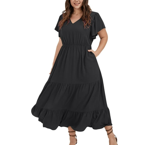 Nisorays Plus Size Dresses for Women A Line Maxi Dress Tiered Ruffled long Swing Dress with Pockets Elegant V Neck Flowy Long Dresses Black 3XL